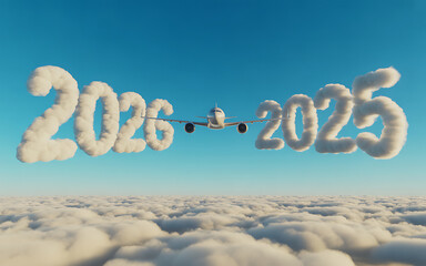 Commercial plane flying with 2026 and 2025 writing on clouds