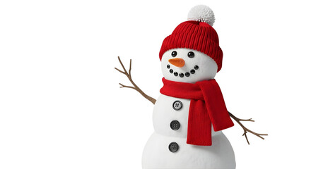 A cheerful snowman with a red hat and scarf, featuring button eyes and mouth, and stick arms, stands against a transparent  background.
