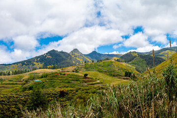 Beautiful hiking scenery near Cueva Grande, Gran Canaria with green hills, blooming slopes, scattered houses and dramatic sky in summer season