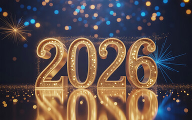 Dazzling and glittering 2026 New Year s Eve with bursting colorful fireworks display lighting up the midnight sky Festive and joyous atmosphere with shimmering gold accents