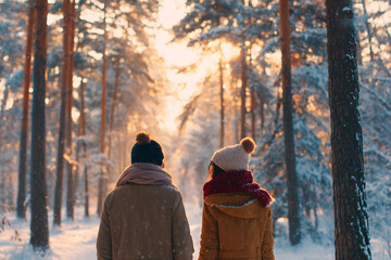 Couple walking hand in hand through snowy forest during winter sunset