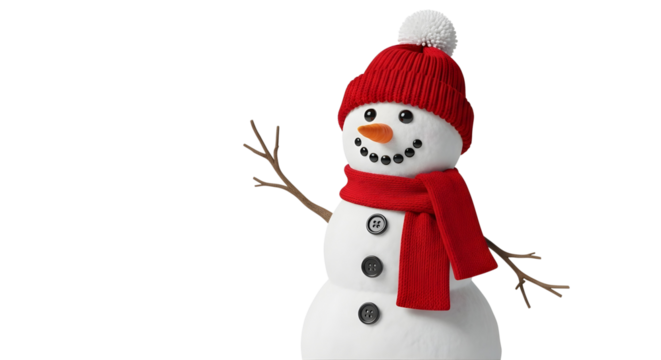 A cheerful snowman with a red hat and scarf, featuring button eyes and mouth, and stick arms, stands against a transparent  background.

