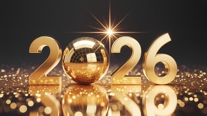 golden disco ball with 2026 reflection lights