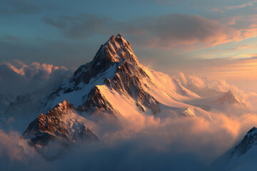 Majestic snow-capped mountain peaks illuminated by sunset over a valley with soft clouds