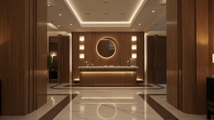Luxurious 4K video of a modern hotel lobby featuring wooden panel design, warm lighting, marble floor, and elegant ambiance. Perfect for architecture, hospitality, and interior design projects - Powered by Adobe