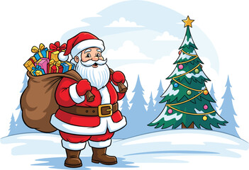 Santa Claus with gift sack, snowy Christmas tree, festive winter scene, holiday celebration, cheerful character, seasonal vector, joyful outdoor illustration