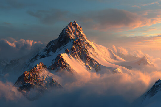 Majestic snow-capped mountain peaks illuminated by sunset over a valley with soft clouds