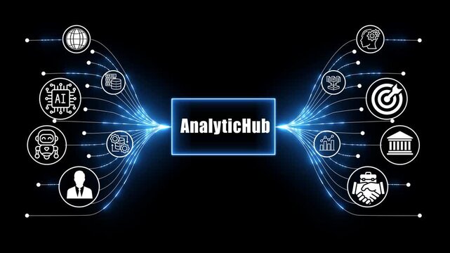 analytic hub network, business and technology concept on black background 
