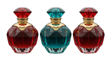 Three ornate, faceted perfume bottles with golden accents and diamond-shaped stoppers, two red and one teal, are arranged against a transparent  background.
