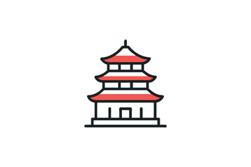Vibrant Japanese Pagoda Icon with Red Roofs and Black Outline Flat Design Element for Asian Travel and Culture