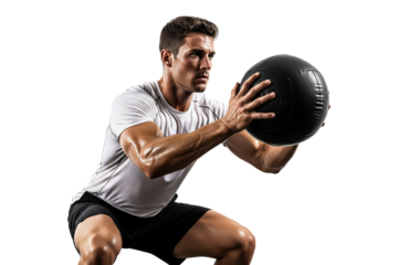 Athletic man performing a squat with a medicine ball during a workout
