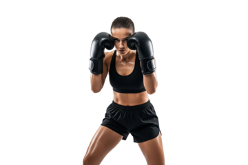 Intense female boxer in a defensive guard pose looking at the camera