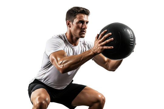 Athletic man performing a squat with a medicine ball during a workout