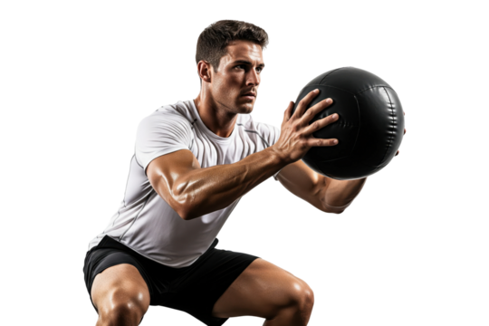 Athletic man performing a squat with a medicine ball during a workout