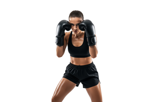 Intense female boxer in a defensive guard pose looking at the camera