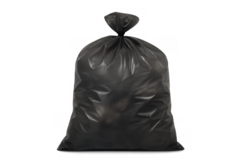 Black plastic garbage bag tied at the top, full of refuse and standing upright, on a transparent background