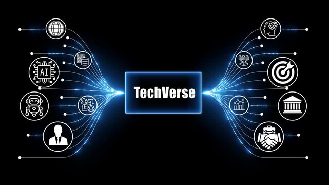 tech verse network, business and technology concept on black background 
