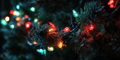 Colorful string of Christmas lights glowing warmly in dark, shallow depth of field. Celebration, nostalgia and warmth of holiday evenings in soft focus.