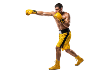 Side view of a male boxer in yellow gear throwing a jab