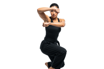Female martial artist with a black belt in a dynamic fighting pose