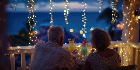 Older couple enjoying Christmas evening on a tropical balcony, holding cocktails and talking as palm trees sway in the background. Warm lights and a sunset sky create a festive vacation mood.