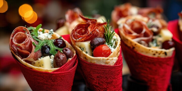 Gourmet charcuterie cones filled with assorted cheeses, olives, cured meats and rosemary sprigs, wrapped in elegant red paper, served at a holiday market. - Powered by Adobe