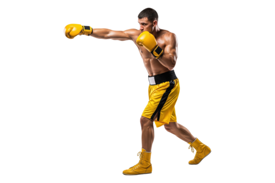 Side view of a male boxer in yellow gear throwing a jab