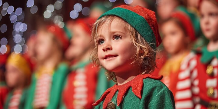 Child in green elf hat and striped outfit smiles widely on stage with warm bokeh lights in school Christmas show. Playful holiday theater, enthusiastic elf character vibe.