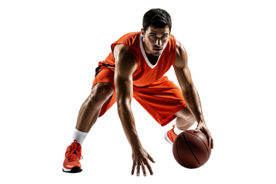 Intense basketball player in an orange uniform dribbling low to the ground