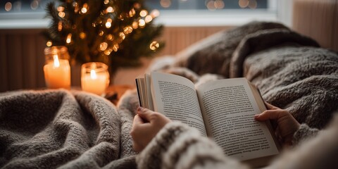 Cozy hands hold open book under glowing Christmas tree candlelight blanket. Serene holiday reading, peaceful festive escape vibe.
