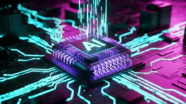 Futuristic ai chip processing data streams with glowing neon circuits, Glowing electronic brain powered by machine learning and code, Futuristic cyber innovation and smart system concept. - Powered by Adobe