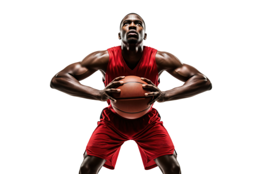 Powerful African American basketball player in a red uniform holding a ball