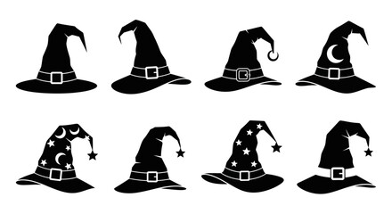eight different styles of witch hats with various symbols and designs, vector illustration Isolated on white background