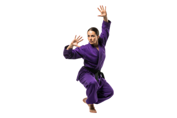 Female martial artist in a purple gi performing a dynamic kata pose
