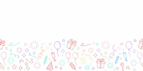 Colorful hand drawn party elements border on white background celebration and fun design