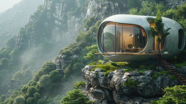 Futuristic pod home nestled among trees atop a rocky cliff with foggy mountains - Powered by Adobe