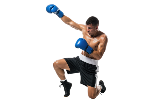 Kickboxer in blue gloves performing a dynamic flying superman punch