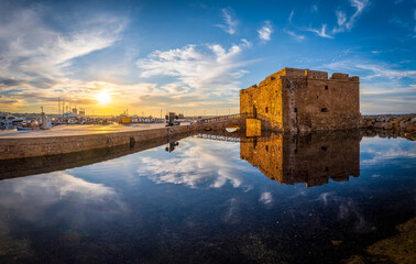 Landscape with medieval architecture of Paphos at sunset, Cyprus