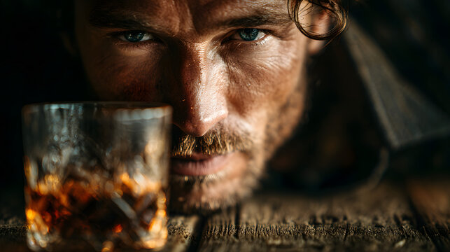Close-up of a man pushing a glass of alcohol away on the table, symbolizing his commitment to stop drinking and saying no to addiction.