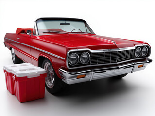 Classic red convertible parked by coolers at a summer gathering