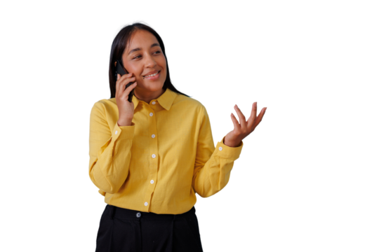 Smiling businesswoman talking on mobile phone communicating, having happy conversation, gesturing with hand, transparent background - Powered by Adobe