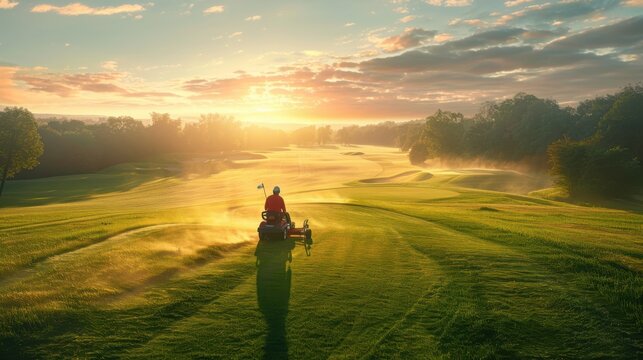 Person riding mower across green field at sunrise with trees and cloudy sky