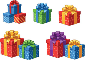 Colorful gift boxes with ribbons and bows, festive holiday presents, birthday and Christmas wrapping, celebration surprise packages, decorative design illustration
