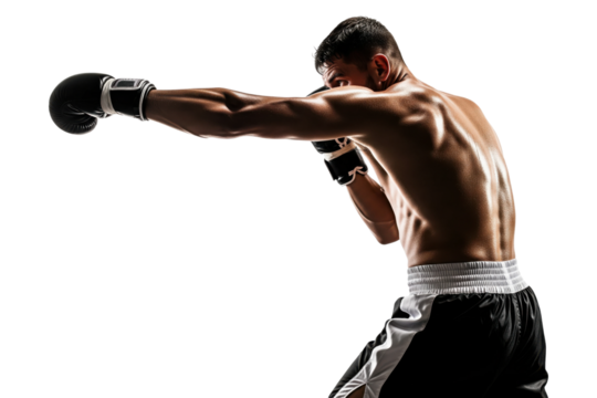 Rear view of a muscular boxer throwing a punch in the studio
