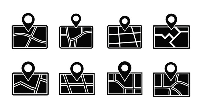 map icons arranged neatly in two rows showing various geographical features, vector illustration Isolated on white background