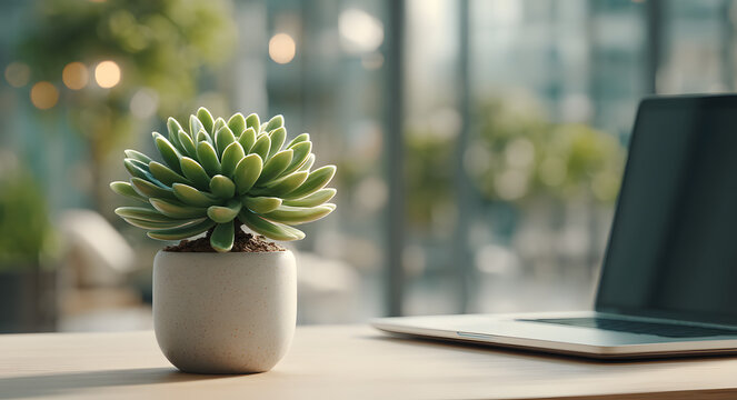 Smart speaker laptop and succulent on bright office desk