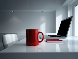 Workspace with red mug and laptop on minimalistic desk