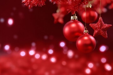 Festive red christmas ornaments with baubles and star on red background