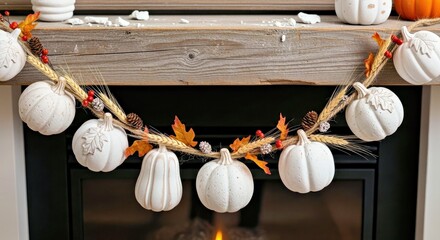 Festive White Pumpkin Garland With Autumn Decor on Wooden Mantel Cozy Fall Home Décor