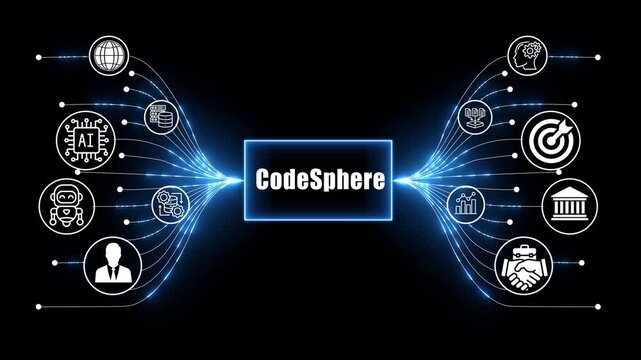 code sphere network, business and technology concept on black background 